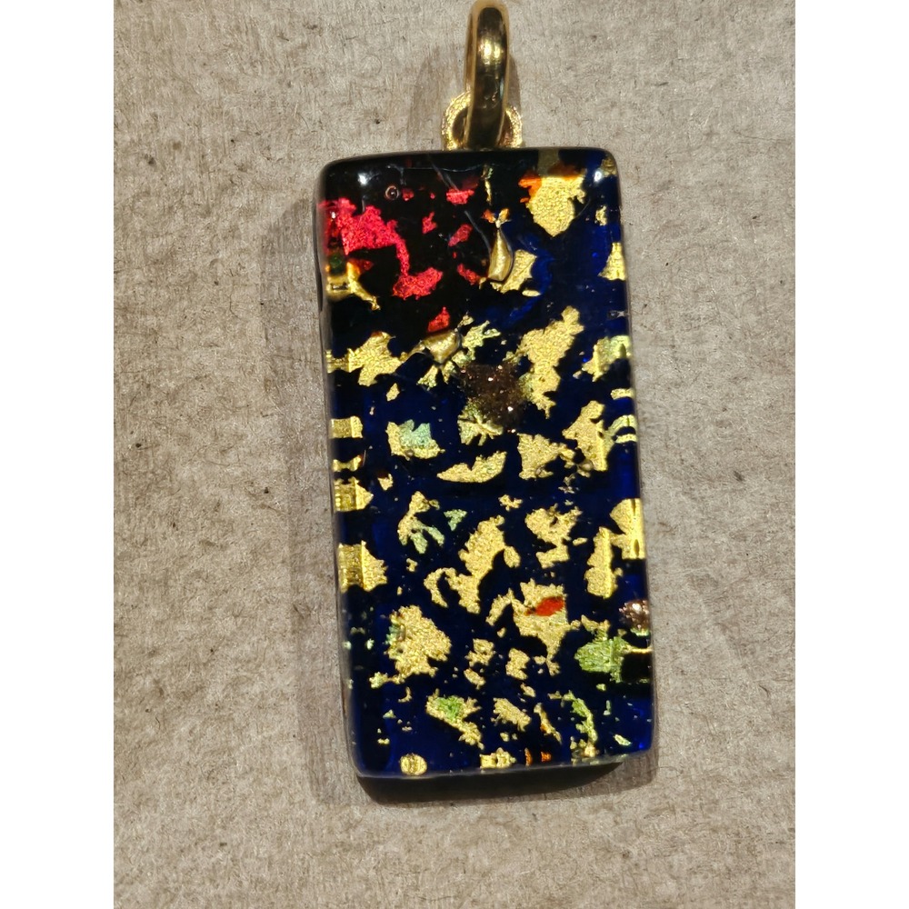Handcrafted Dichroic Fused Glass Pendant Cobalt Blue Gold Foil Rectangular Art